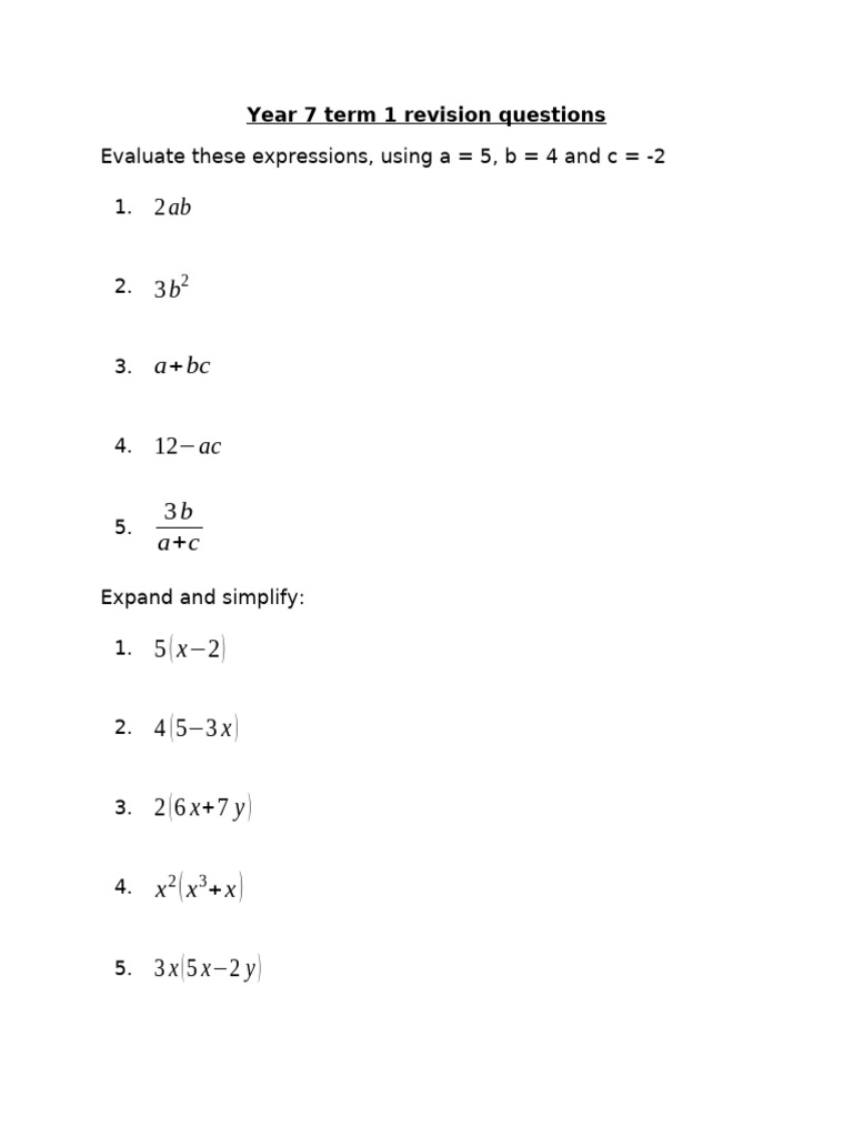 Year 7 Term 1 Revision Questions | PDF | Ratio | Percentage