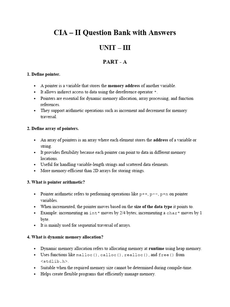 CIA II Question Bank: Pointers & Arrays | PDF | Pointer (Computer ...