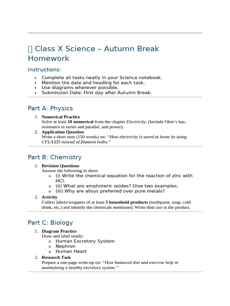 Class X Science Autumn Break Homework | PDF