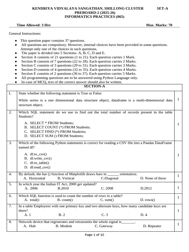 Informatics Practices Preboard Paper 2025-26 | PDF | Sql | Data Management