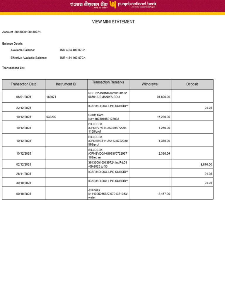 Mini Statement for Account 3613000100139724 | PDF | Financial Services ...