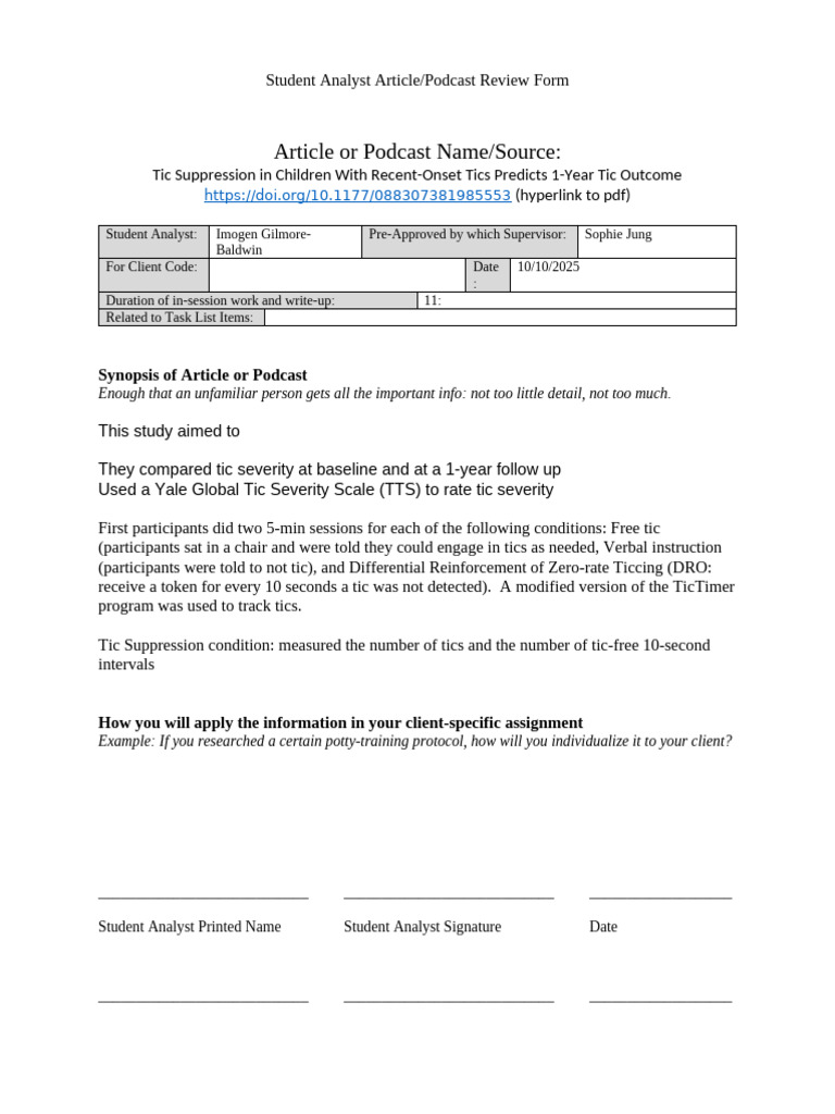 Tic Suppression Study Review Form | PDF
