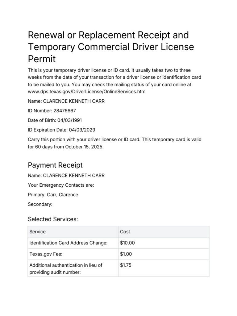 Temporary Texas Driver License Receipt | PDF