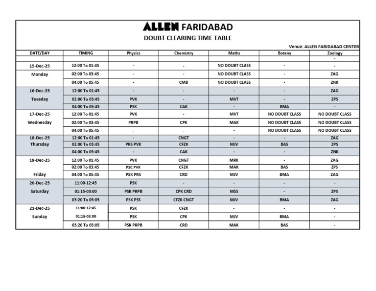Doubt Clearing Time Table 15 Dec To 21 Dec' 2025 | PDF