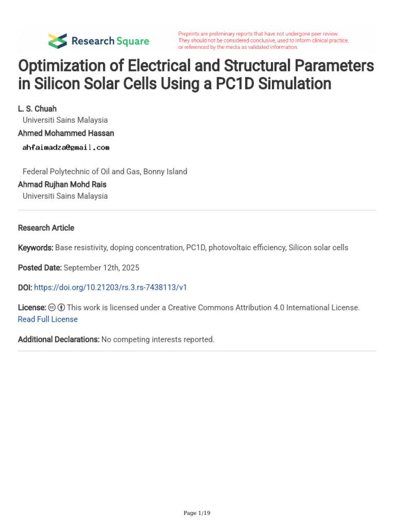 Optimization of Electrical and Structural Parameters in Silicon Solar ...
