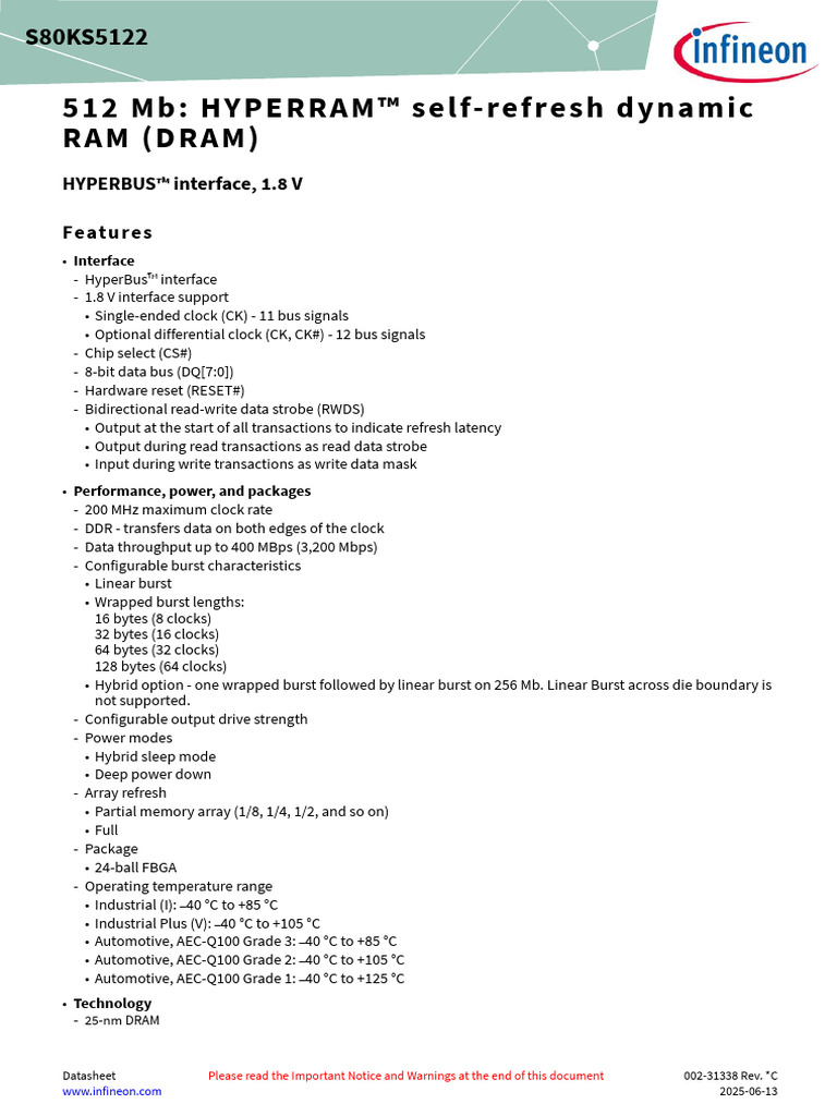 Infineon s80ks5122 1.8 V 512 Mbit Hyperbus Interface Hyperram Self ...