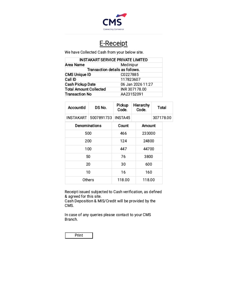 E-Receipt for Cash Pickup - Instakart | PDF