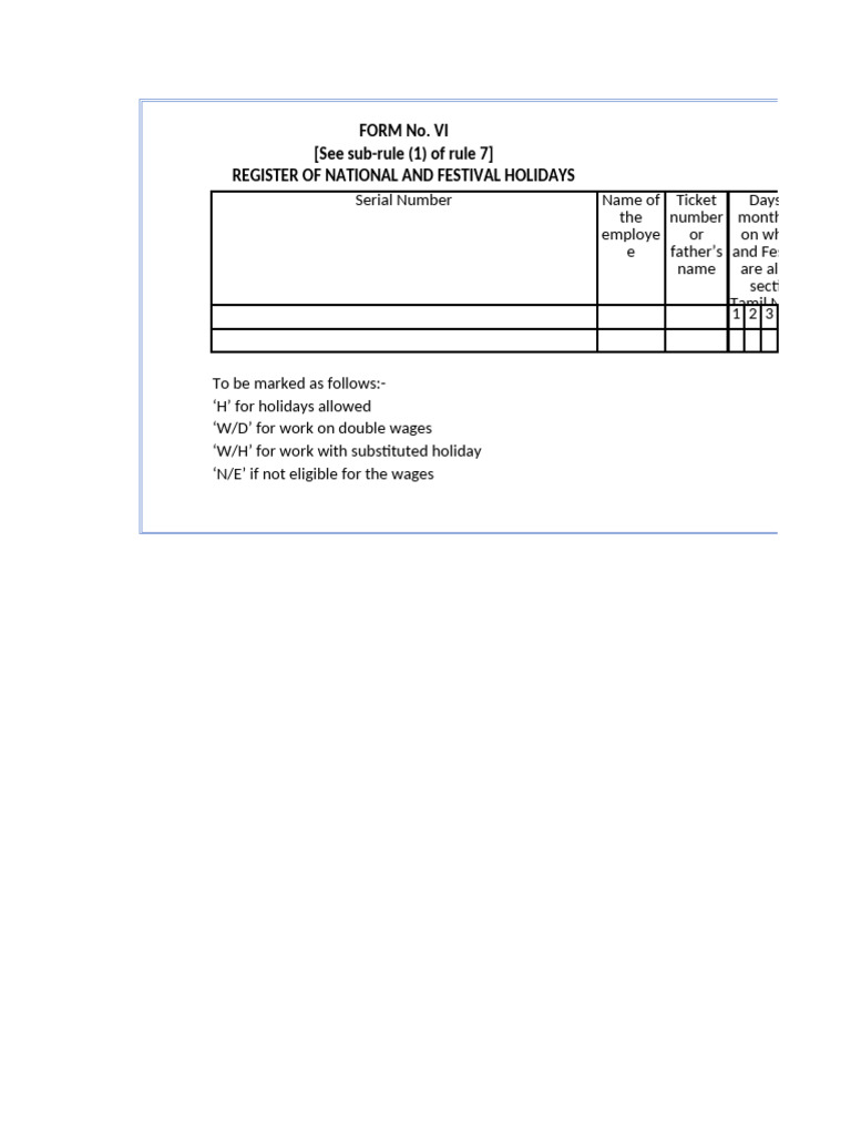 Tamil Nadu Holiday Register Form VI | PDF