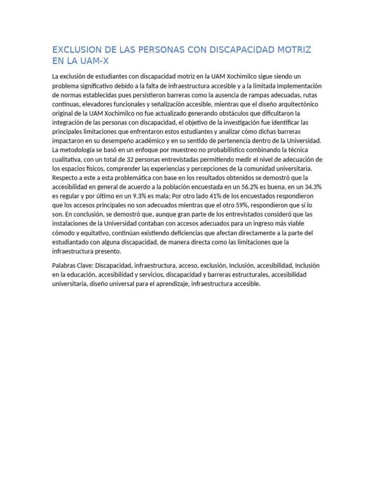 Exclusion de Las Personas Con Discapacidad Motriz en La Uam-equipo 2 | PDF