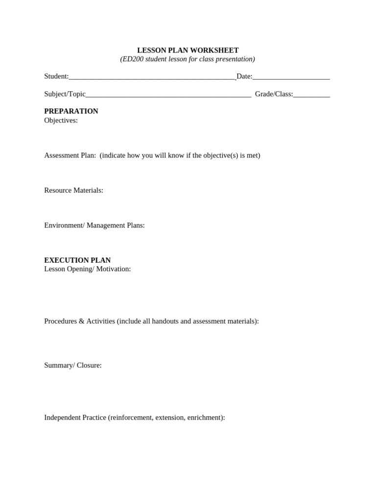 Lesson Plan Worksheet Template | PDF | Learning | Curriculum