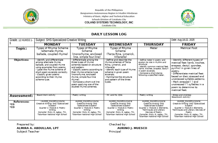 Grade 12 Creative Writing Lesson Plan | PDF | Poetry | Metre (Poetry)