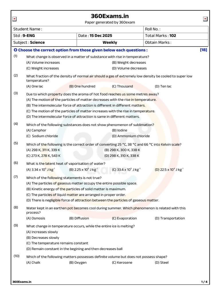 9th Grade Science Exam Questions | PDF | Gases | Liquids