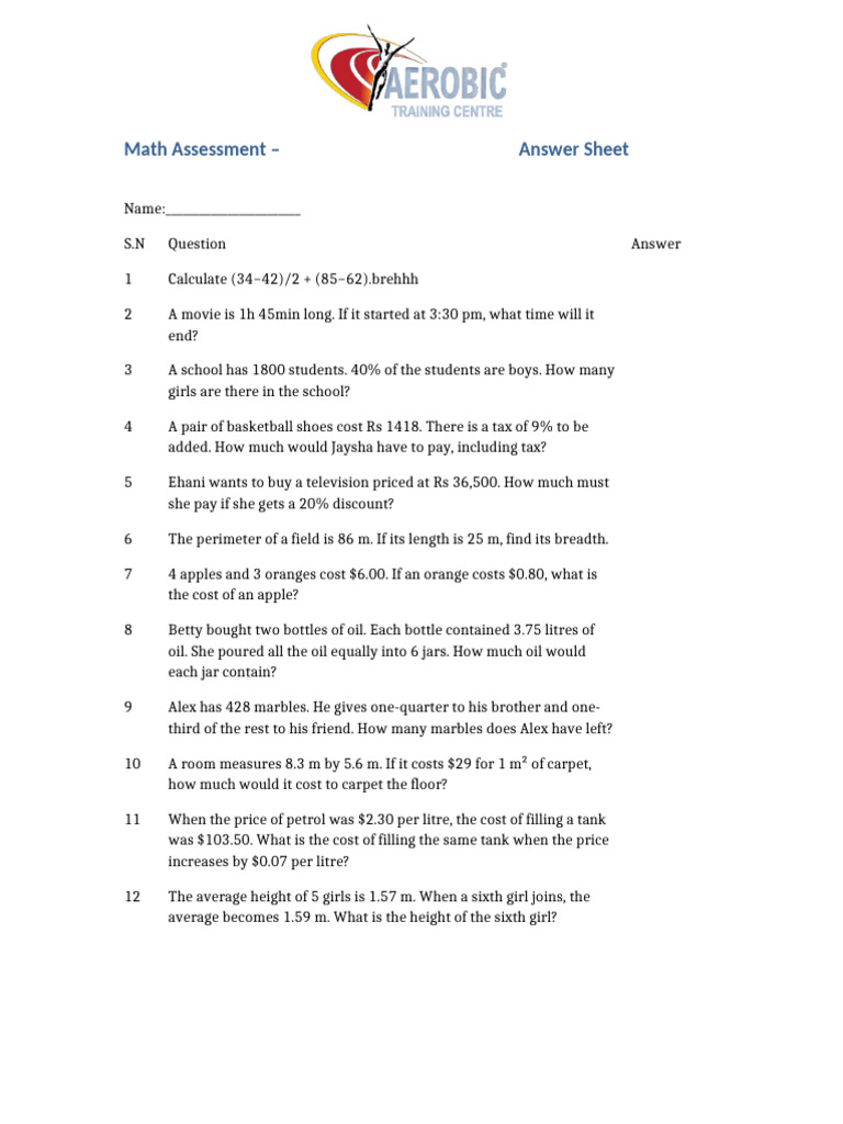 Math Assessment Answer Sheet | PDF