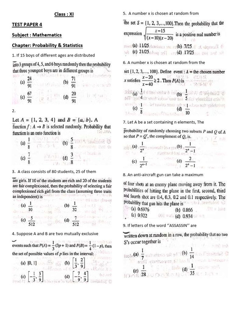 XI Mathematics Probability Test Paper | PDF | Probability | Statistics