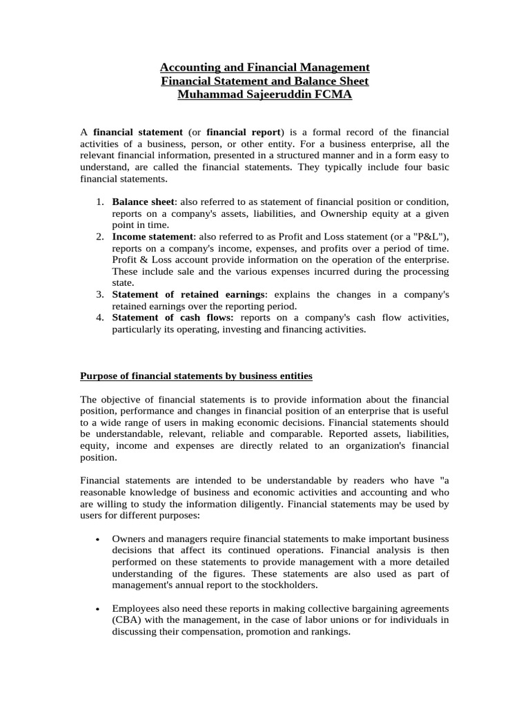 Financial Statement and Balance Sheet | PDF | Balance Sheet | Equity ...