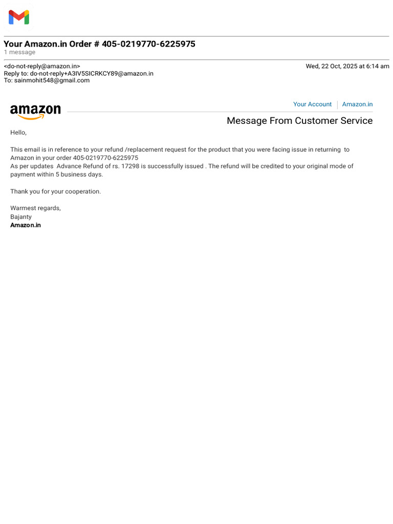 Amazon Refund Confirmation Notice | PDF