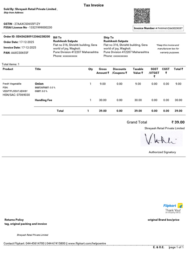Invoice for Fresh Vegetable Purchase | PDF | Government Finances | Taxes