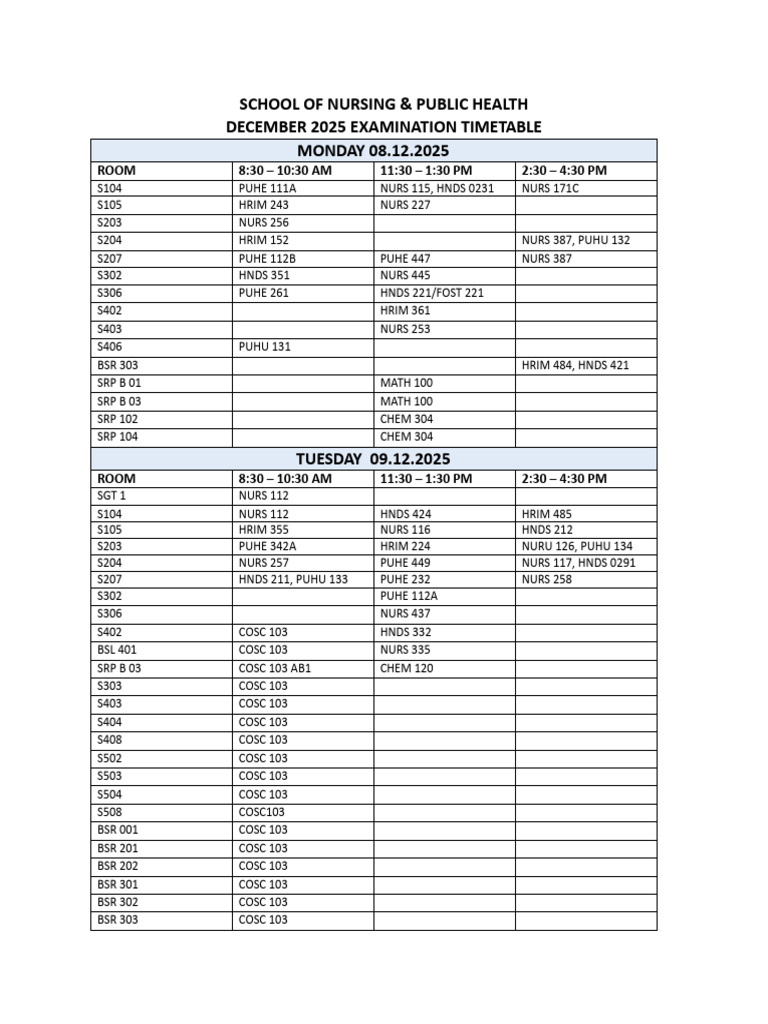 Nursing & Public Health Exam Schedule | PDF