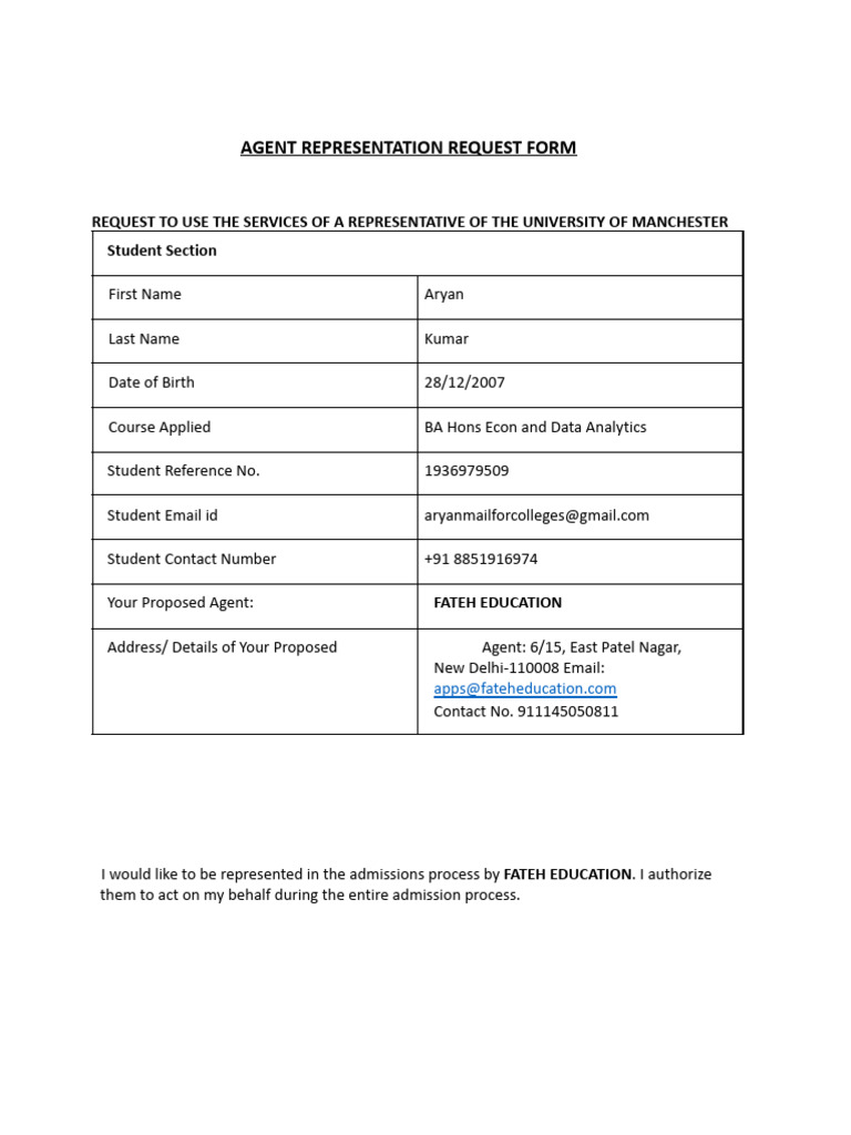 University of Manchester Agent Request Form | PDF