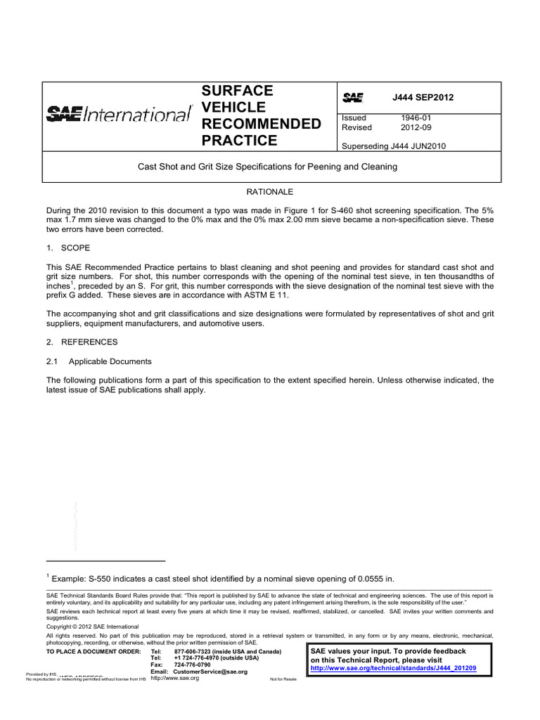 SAE J444 - 規定鑄鋼丸和鑄鐵砂的標準尺寸編號 | PDF