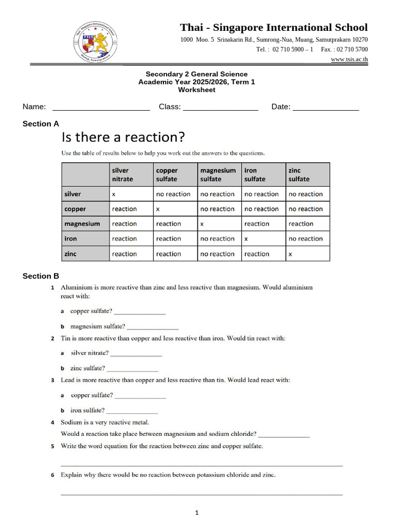 Thai-Singapore School Science Worksheet | PDF