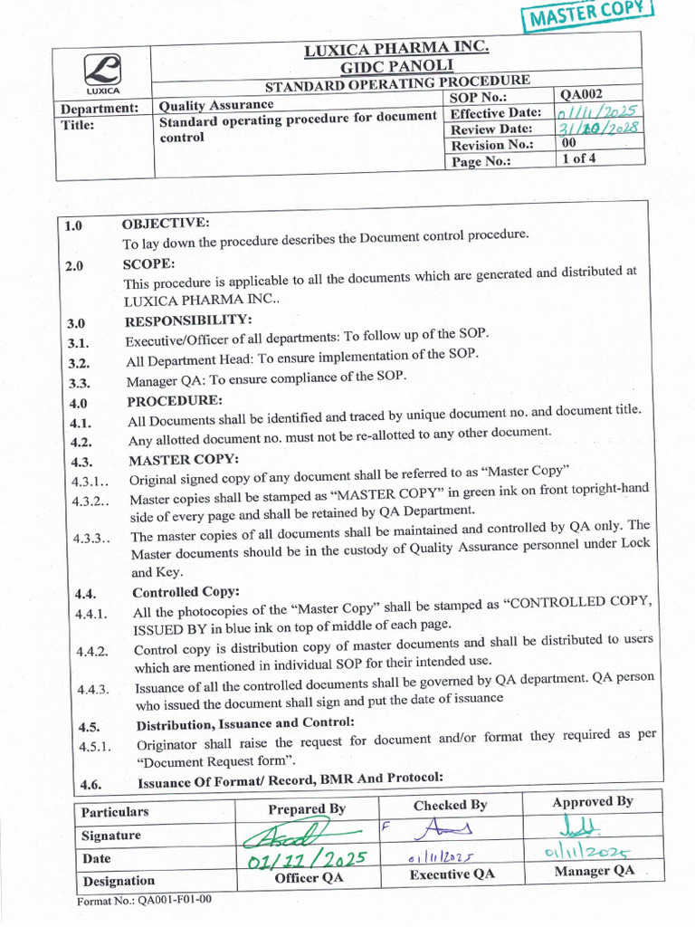 Qa 002 Sop for Document Control | PDF