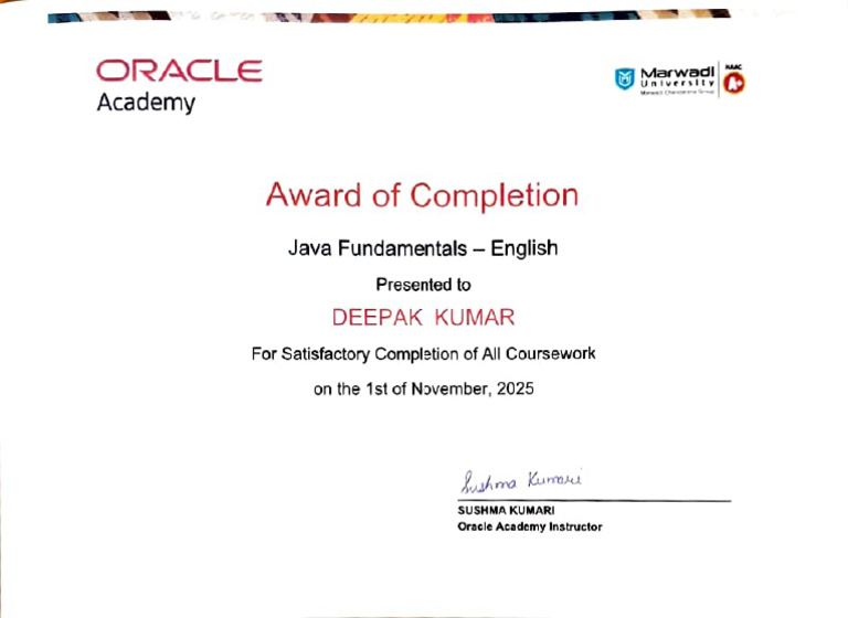 Oracle Academy Java Fundamentals Certificate | PDF