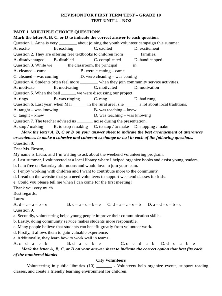 Grade 10 Test Revision: Unit 4 NO2 | PDF | Volunteering | Teachers