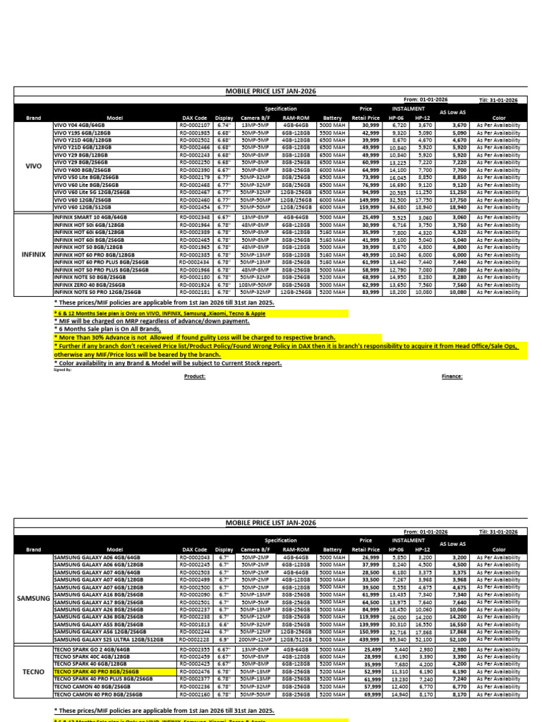Mobile Price List January 2026 | PDF | Samsung | Xiaomi