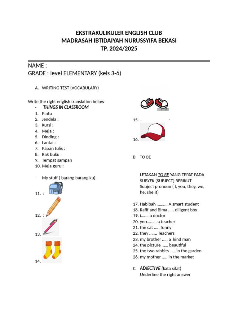 English Club Writing Test for Kids | PDF
