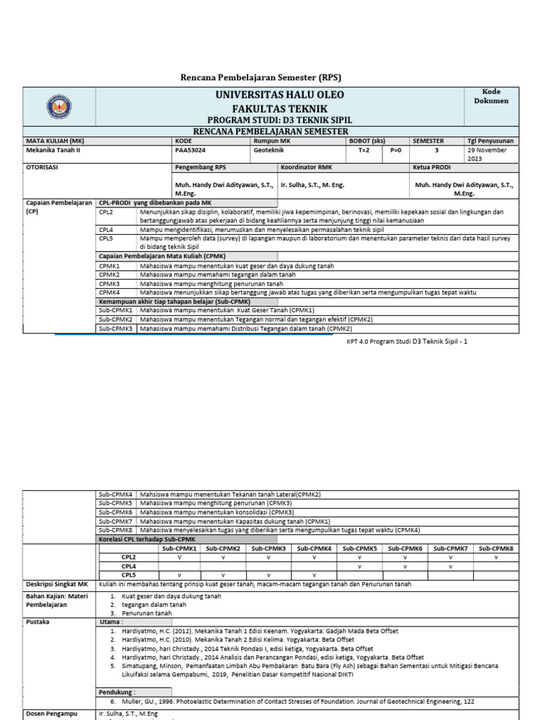 RPS Mekanika Tanah II D3 Teknik Sipil | PDF