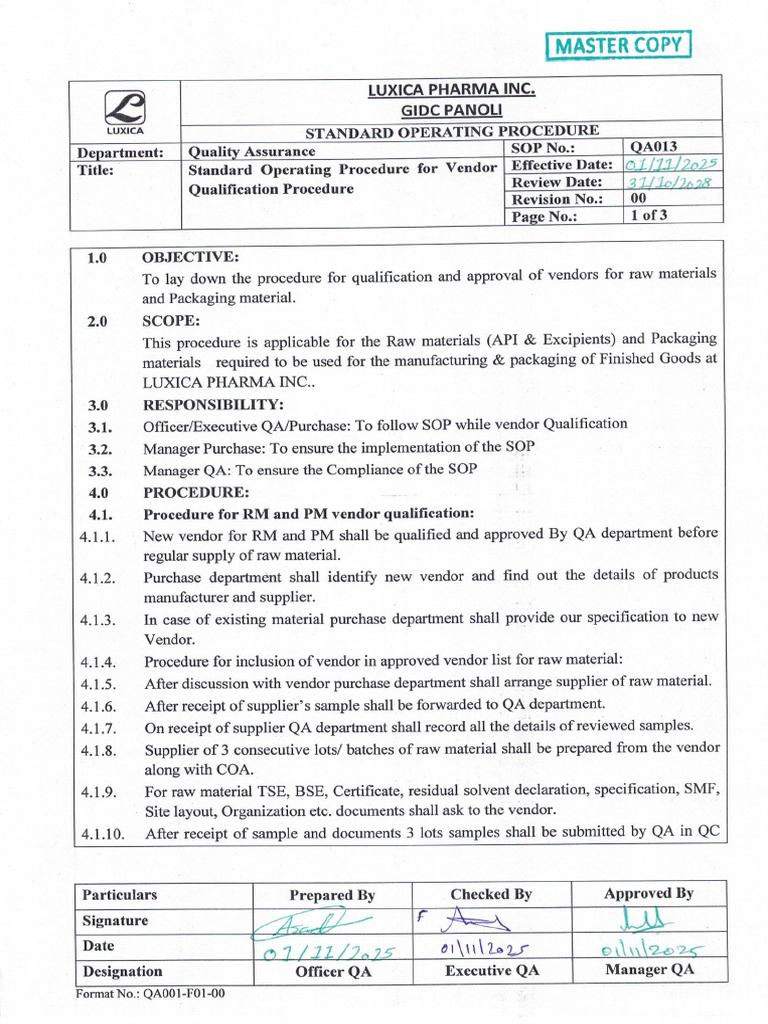 Qa 013 Sop Foe Vendor Qualification Process | PDF
