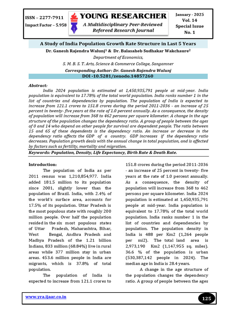 A Study of India Population Growth Rate Structure in Last 5 Years | PDF ...