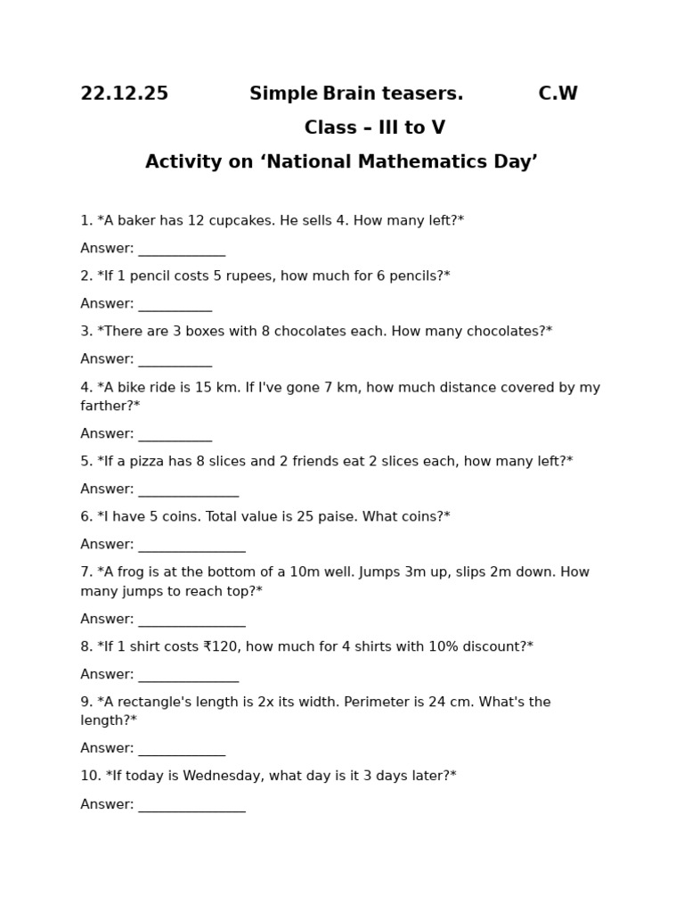 Fun Math Brain Teasers for Kids | PDF