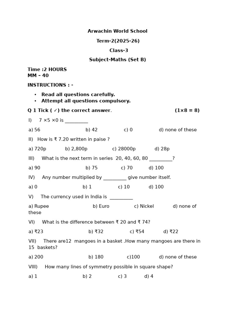 Class 3 Maths Term-2 Exam Paper | PDF | Rupee | Mathematics