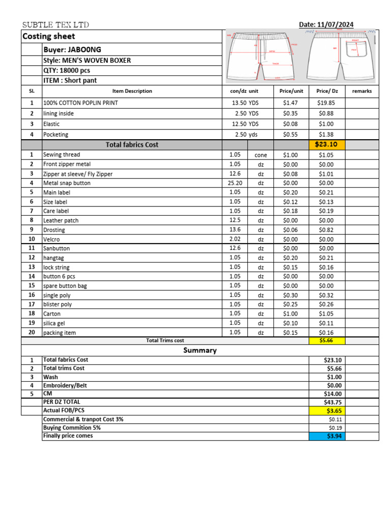 Men's Woven Boxer Costing Sheet | PDF | Textile Arts | Clothing