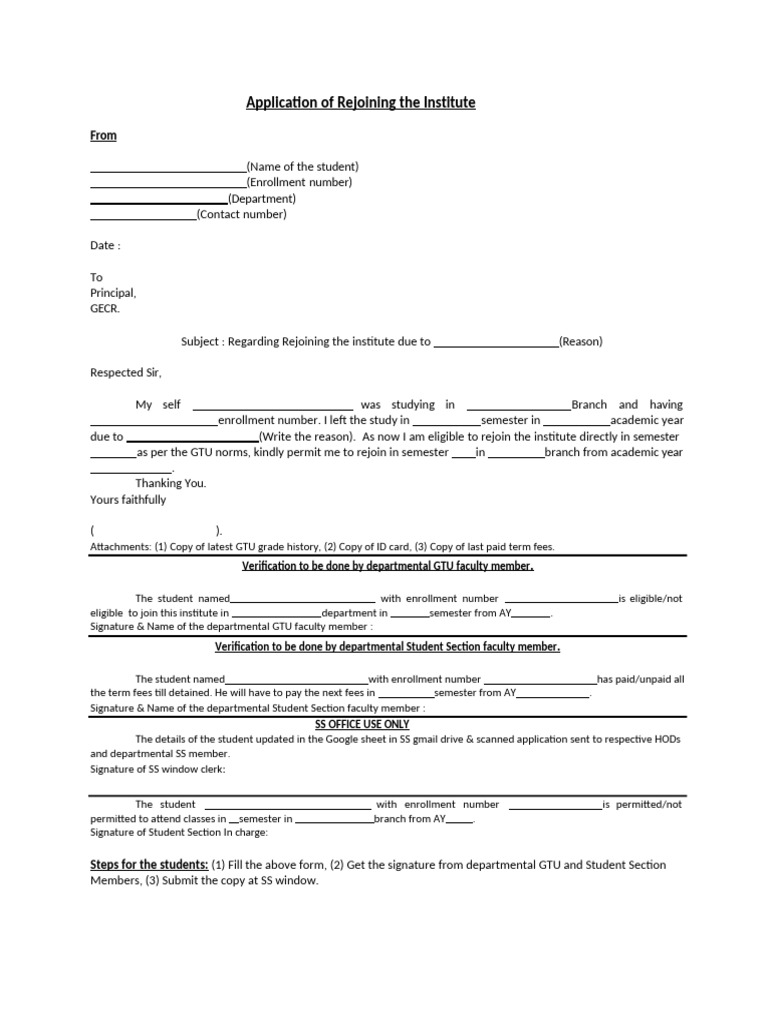 Rejoining Application for GECR Institute | PDF