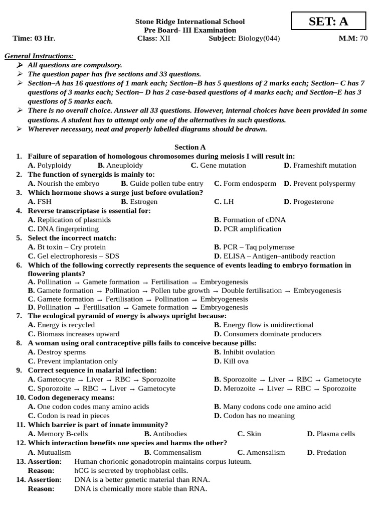 Class XII Biology Pre Board Exam Paper | PDF | Molecular Cloning | Dna