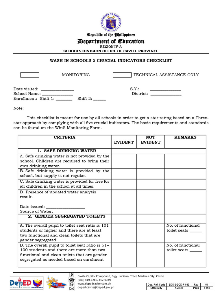 9 WinS 5 Crucial Indicators Checklist F 035 Rev01 | PDF | Hand Washing ...