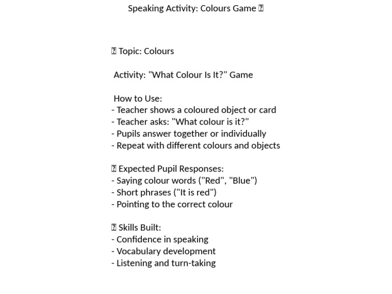 Colours Game: Speaking Activity Guide | PDF
