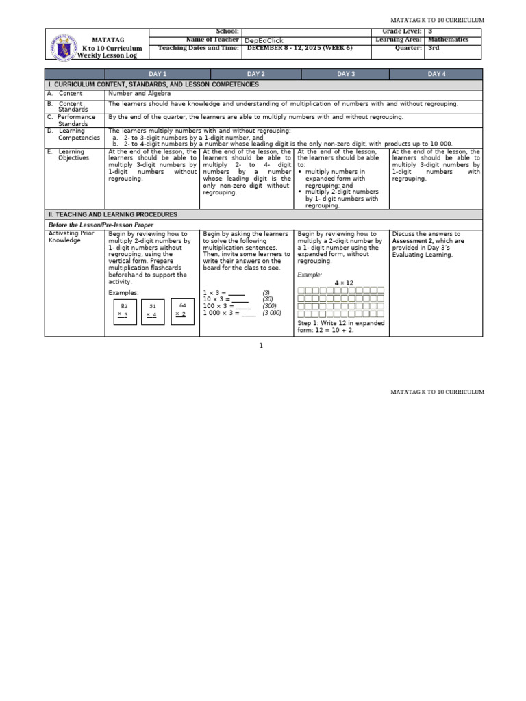 K-10 Math Weekly Lesson Plan | PDF | Multiplication | Numbers