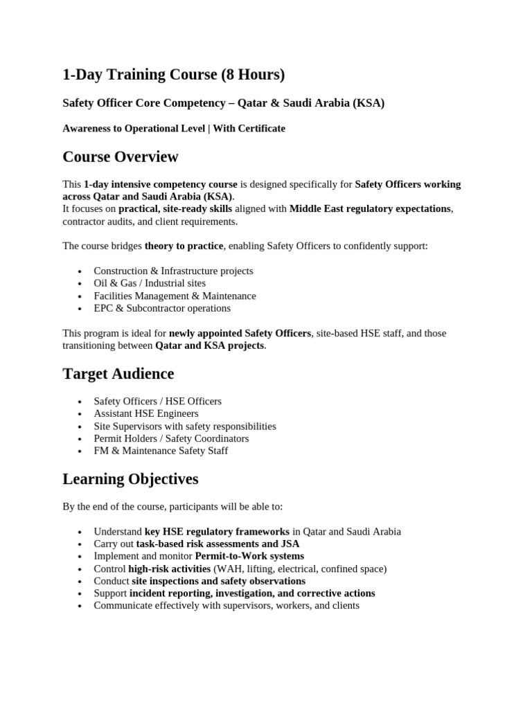 Safety Officer Training: Qatar & KSA | PDF | Safety | Occupational ...