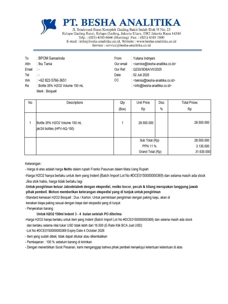Penawaran H2O2 35% 150 mL Bioquell | PDF