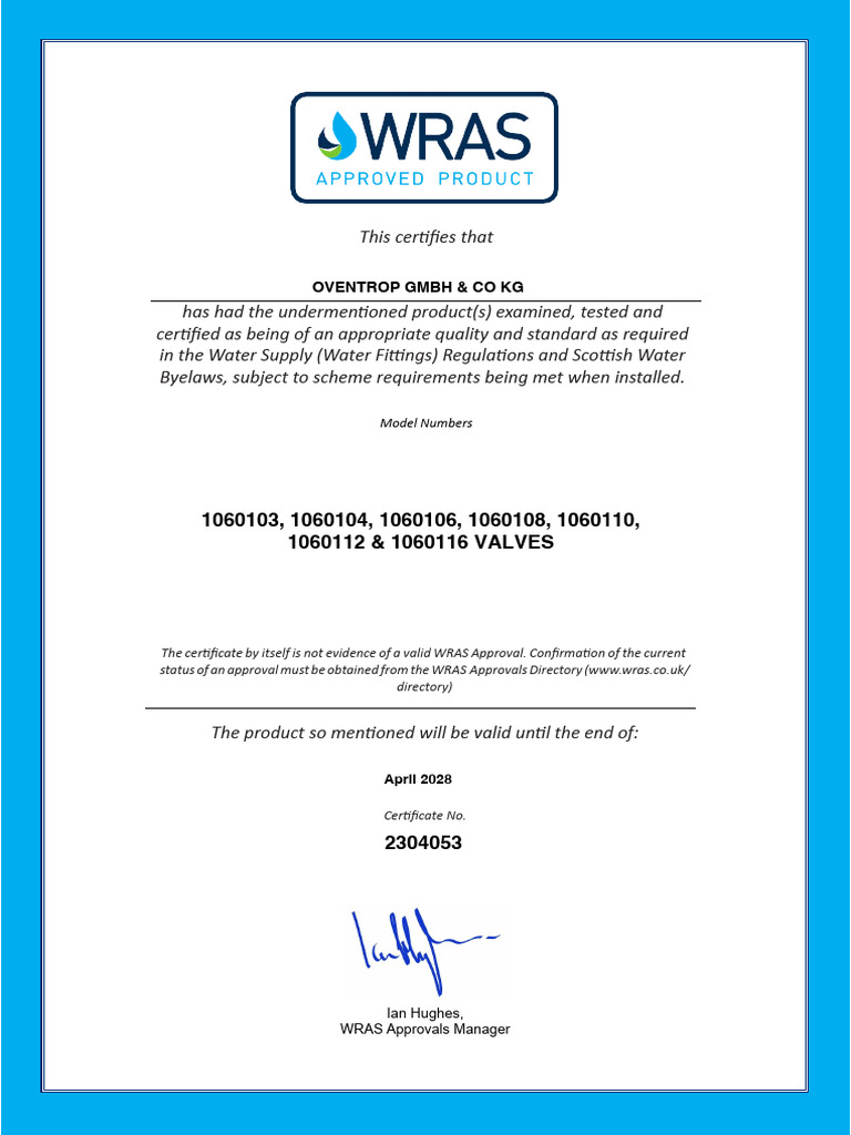 WRAS Certification for Oventrop Valves | PDF