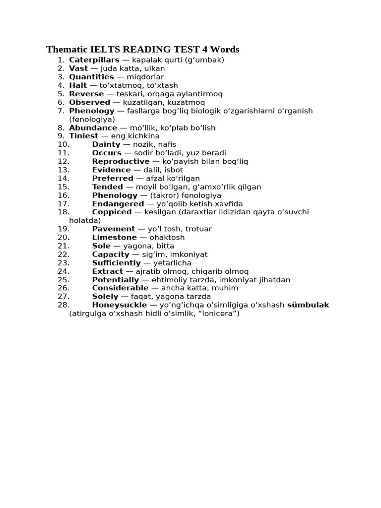 IELTS Reading Test 4 Vocabulary List | PDF