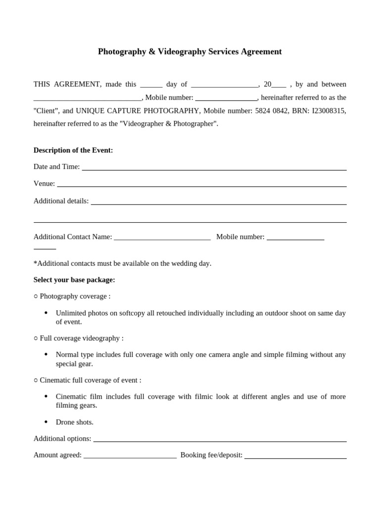 Photography & Videography Agreement | PDF | Fee