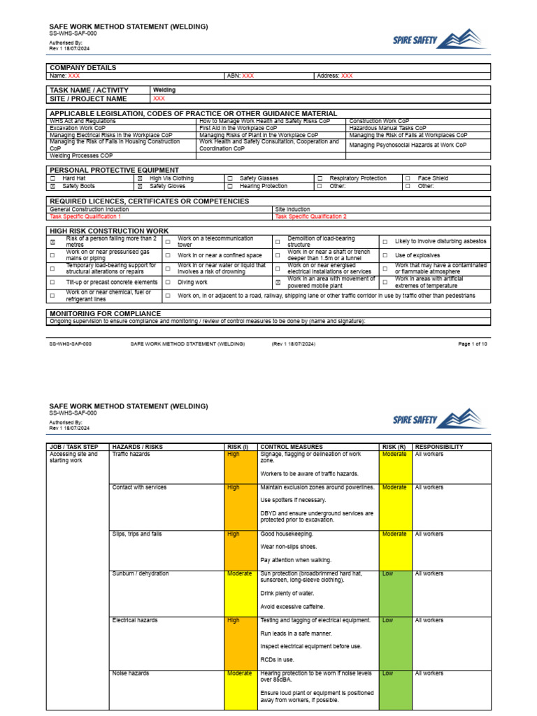 Welding Safe Work Method Statement | PDF | Personal Protective ...