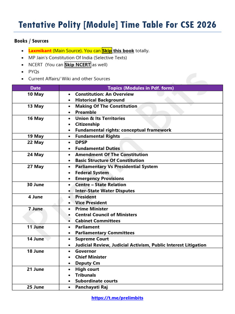CSE 2026 Polity Study Schedule | PDF | Constitution | Statutory Law