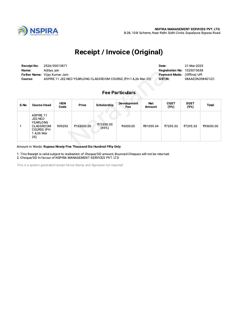 JEE-NEO Course Payment Receipt | PDF | Payments | Economy Of India