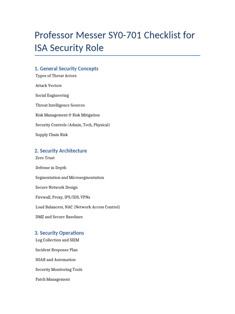 Security+ SY0-701 Checklist For ISA | PDF